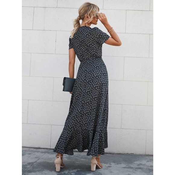 boho Floral Print Ruffle Hem Belted maxi Dress - Picture 2 of 11